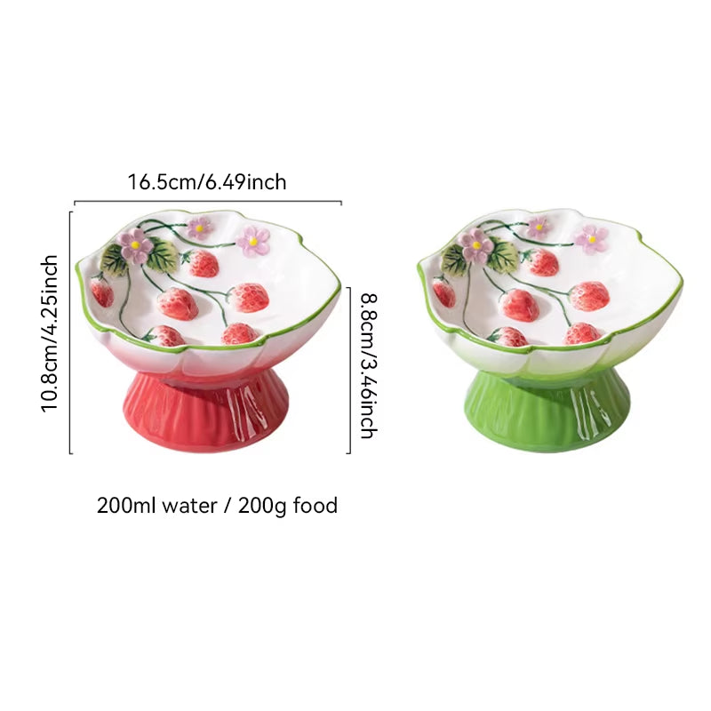 Elevated Ceramic Cat Slow Feeder Bowl with Strawberry Design – Raised Pet Food and Water Dish for Cats and Small Dogs