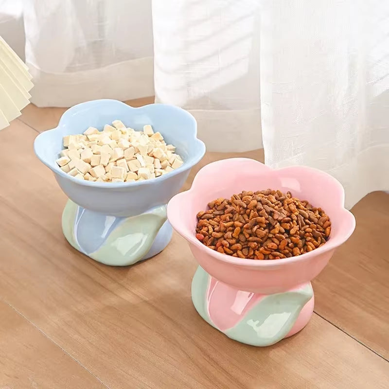 Cat Elevated Ceramic Bowl Small Dogs Non-Slip Food Water Feeders Pet High Foot Cute Flower Shape Feeding Ceramics Dish Bowls