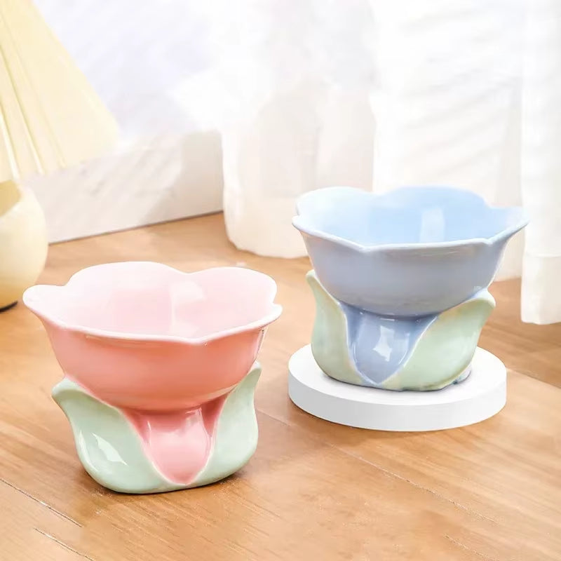 Cat Elevated Ceramic Bowl Small Dogs Non-Slip Food Water Feeders Pet High Foot Cute Flower Shape Feeding Ceramics Dish Bowls