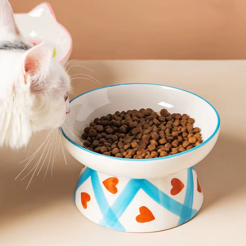 Handmade Cat Ceramic Bowl Cute Raised Printed Small Puppy Dogs Food Water Bowls Pet Elevated Drinking Eating Feeders