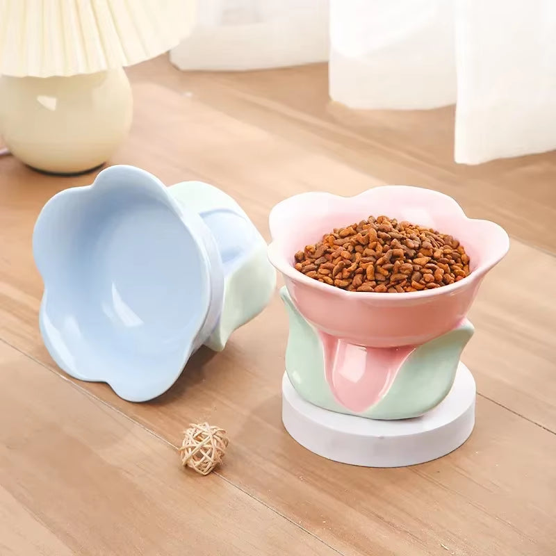 Cat Elevated Ceramic Bowl Small Dogs Non-Slip Food Water Feeders Pet High Foot Cute Flower Shape Feeding Ceramics Dish Bowls