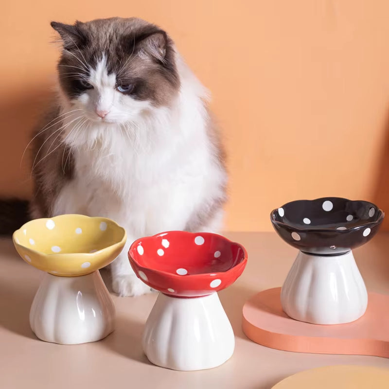 Elevated Non-Slip Cat Ceramic Bowl - Stylish Mushroom-Shaped Dish for Kittens and Small Dogs