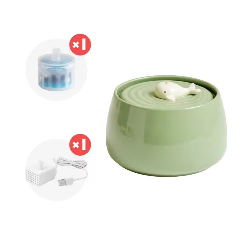 1300Ml Cat Water Fountain Ceramic USB Charging Pet Drinker with Filter Small Dogs Water Dispenser with Wooden Stand