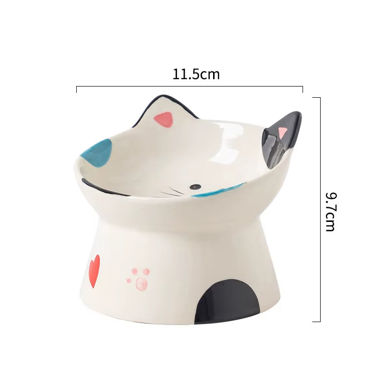 Handmade Cat Ceramic Bowl Cute Raised Printed Small Puppy Dogs Food Water Bowls Pet Elevated Drinking Eating Feeders
