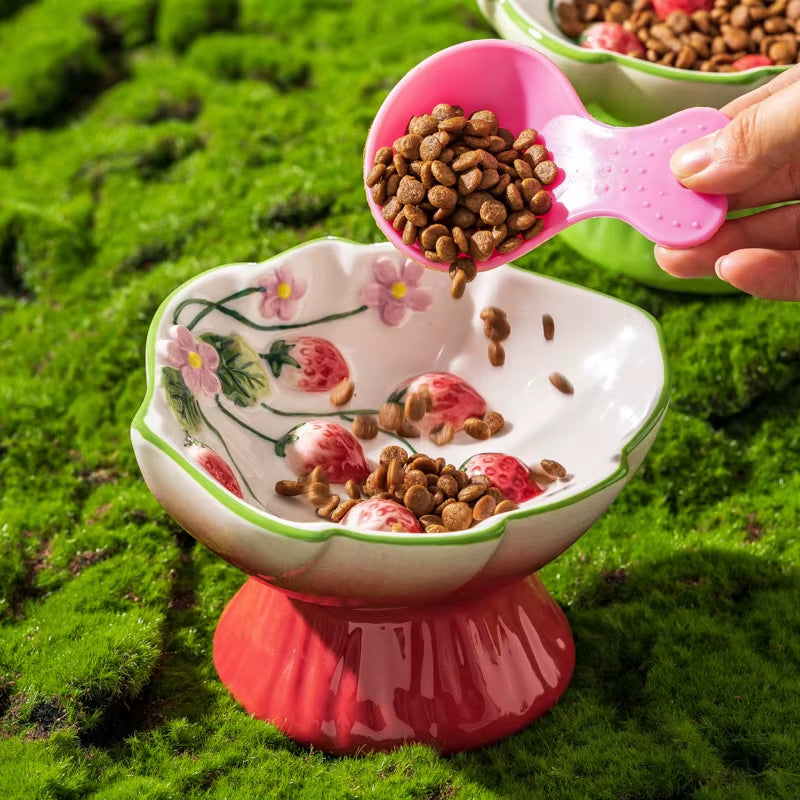 Elevated Ceramic Cat Slow Feeder Bowl with Strawberry Design – Raised Pet Food and Water Dish for Cats and Small Dogs