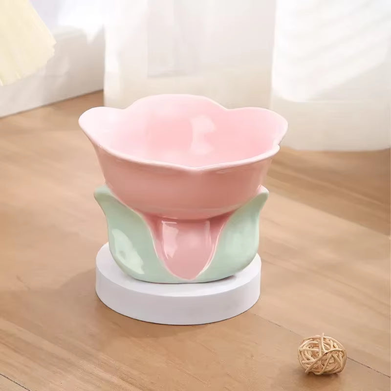 Cat Elevated Ceramic Bowl Small Dogs Non-Slip Food Water Feeders Pet High Foot Cute Flower Shape Feeding Ceramics Dish Bowls