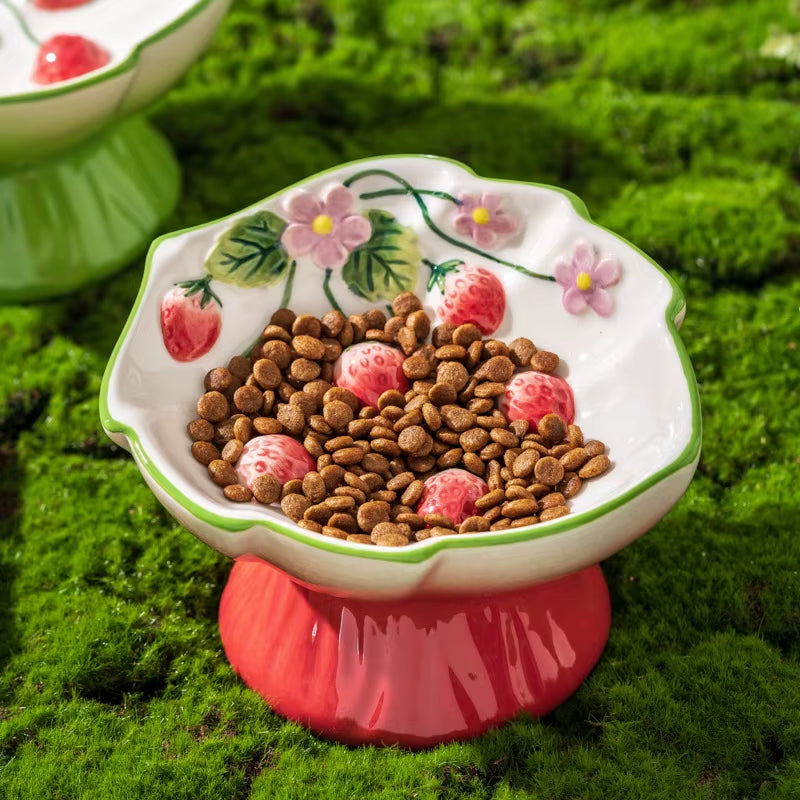 Elevated Ceramic Cat Slow Feeder Bowl with Strawberry Design – Raised Pet Food and Water Dish for Cats and Small Dogs