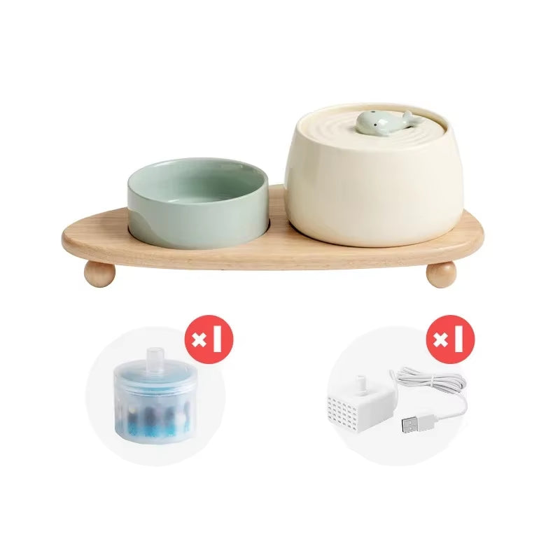 1300Ml Cat Water Fountain Ceramic USB Charging Pet Drinker with Filter Small Dogs Water Dispenser with Wooden Stand