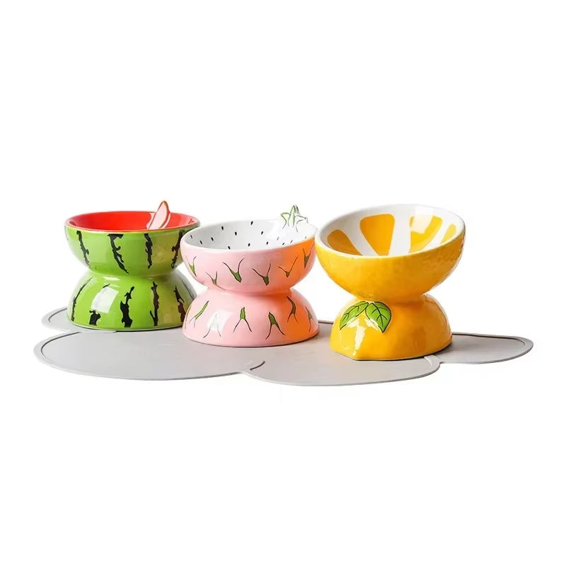Elevated Fruit-Inspired Ceramic Pet Bowl – Tilted Neck-Friendly Design, Anti-Slip, Cats and Small Dogs Food and Water Bowls Set