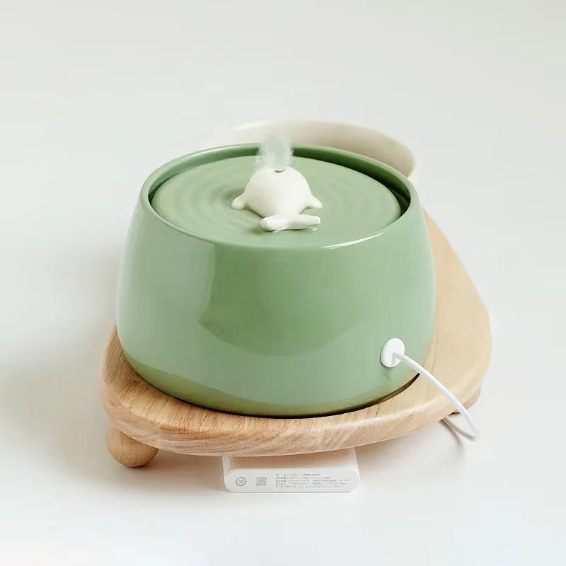 1300Ml Cat Water Fountain Ceramic USB Charging Pet Drinker with Filter Small Dogs Water Dispenser with Wooden Stand