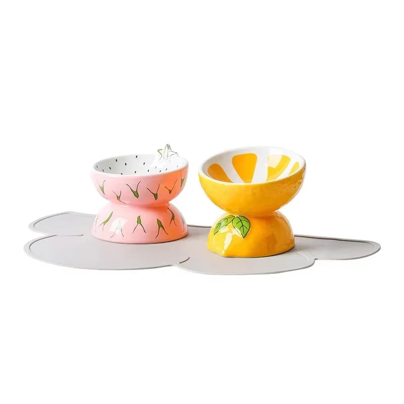 Elevated Fruit-Inspired Ceramic Pet Bowl – Tilted Neck-Friendly Design, Anti-Slip, Cats and Small Dogs Food and Water Bowls Set