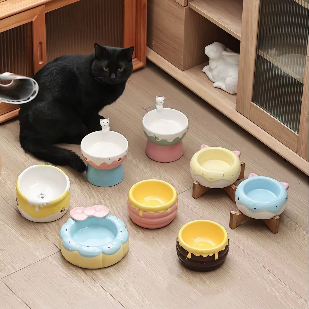 Cat Ceramic Bowl Small Dogs Tilted Elevated Food Water Bowls Drinking Eating Cute Pet Supplies