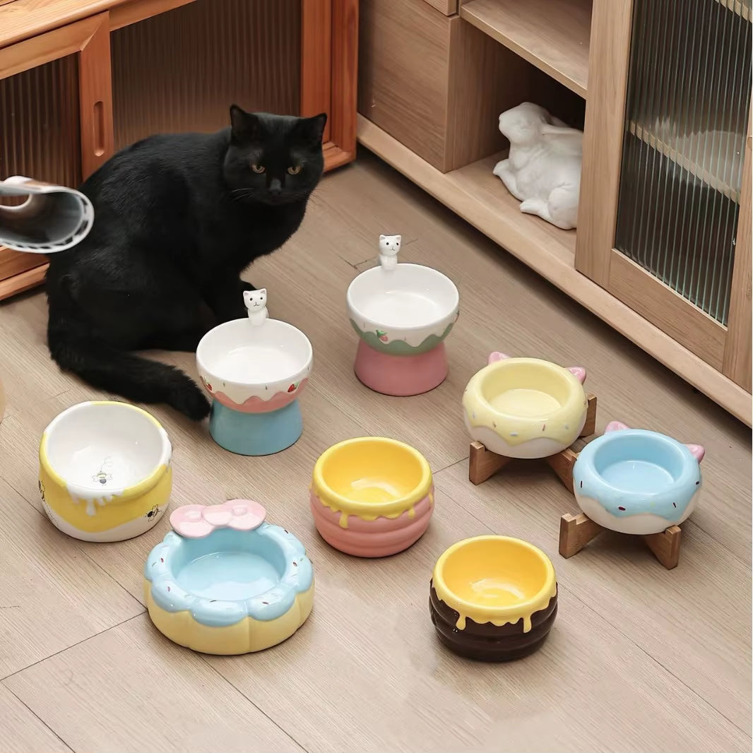 Cat Ceramic Bowl Small Dogs Tilted Elevated Food Water Bowls Drinking Eating Cute Pet Supplies