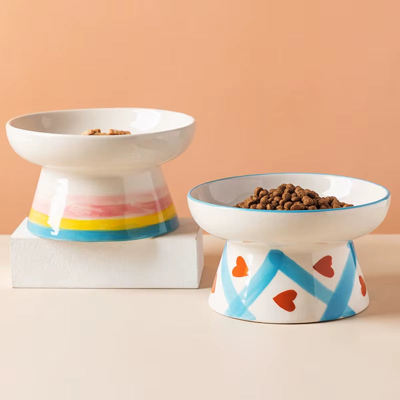 Handmade Cat Ceramic Bowl Cute Raised Printed Small Puppy Dogs Food Water Bowls Pet Elevated Drinking Eating Feeders