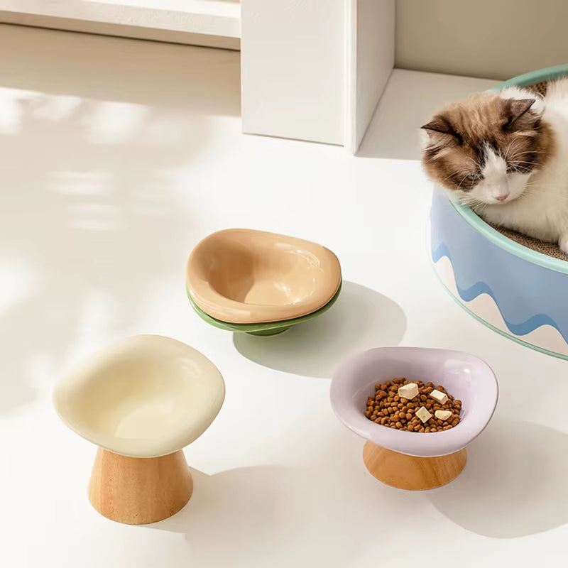 Cat Raised Tilted Food Water Bowl Pet Dogs Elevated Drinking Eating Bowls with Wooden Stand Puppy Kitten Feeding Supplies