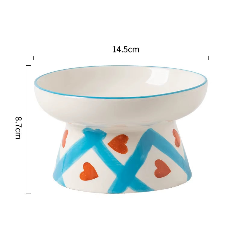 Handmade Cat Ceramic Bowl Cute Raised Printed Small Puppy Dogs Food Water Bowls Pet Elevated Drinking Eating Feeders