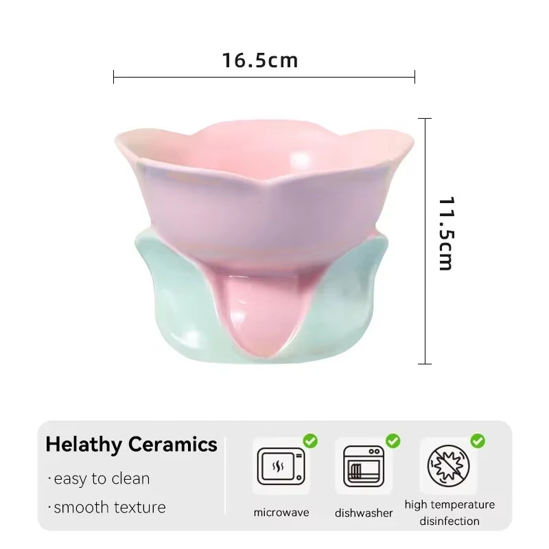 Cat Elevated Ceramic Bowl Small Dogs Non-Slip Food Water Feeders Pet High Foot Cute Flower Shape Feeding Ceramics Dish Bowls