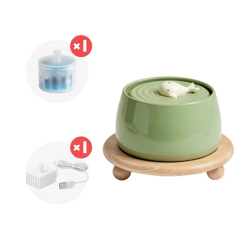 1300Ml Cat Water Fountain Ceramic USB Charging Pet Drinker with Filter Small Dogs Water Dispenser with Wooden Stand