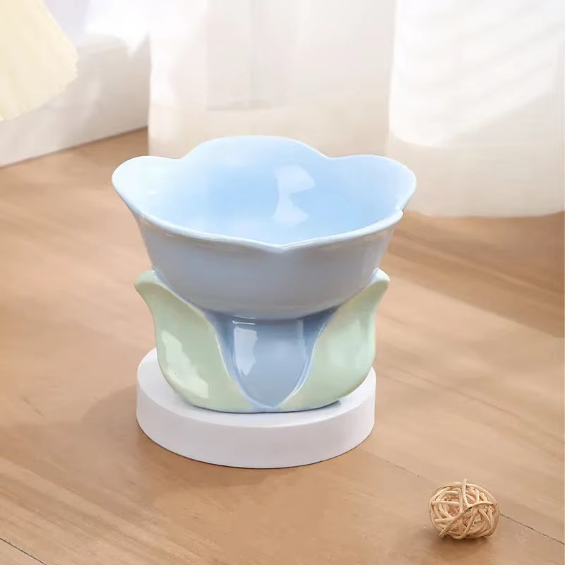 Cat Elevated Ceramic Bowl Small Dogs Non-Slip Food Water Feeders Pet High Foot Cute Flower Shape Feeding Ceramics Dish Bowls