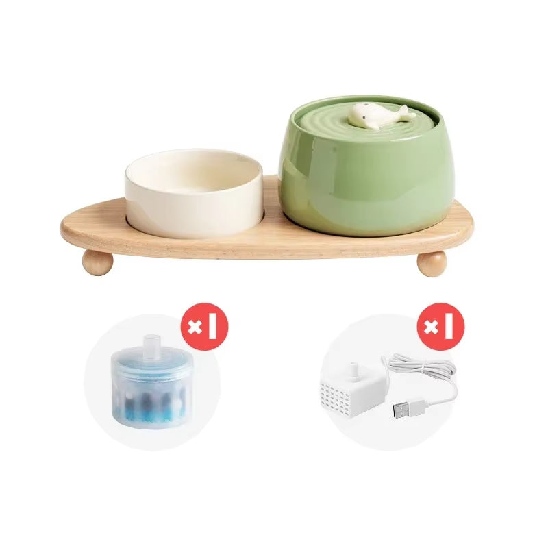 1300Ml Cat Water Fountain Ceramic USB Charging Pet Drinker with Filter Small Dogs Water Dispenser with Wooden Stand