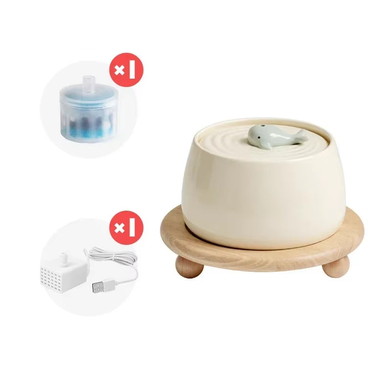 1300Ml Cat Water Fountain Ceramic USB Charging Pet Drinker with Filter Small Dogs Water Dispenser with Wooden Stand