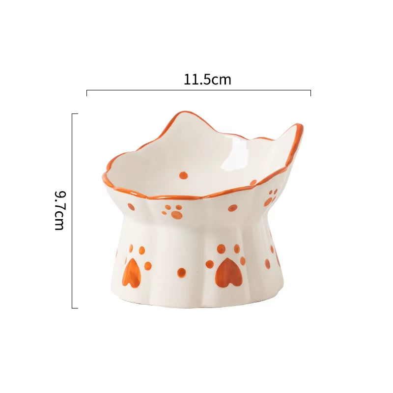 Handmade Cat Ceramic Bowl Cute Raised Printed Small Puppy Dogs Food Water Bowls Pet Elevated Drinking Eating Feeders