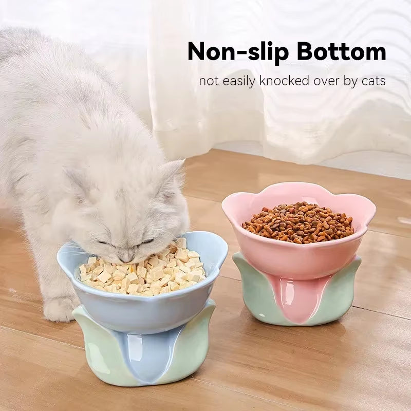 Cat Elevated Ceramic Bowl Small Dogs Non-Slip Food Water Feeders Pet High Foot Cute Flower Shape Feeding Ceramics Dish Bowls